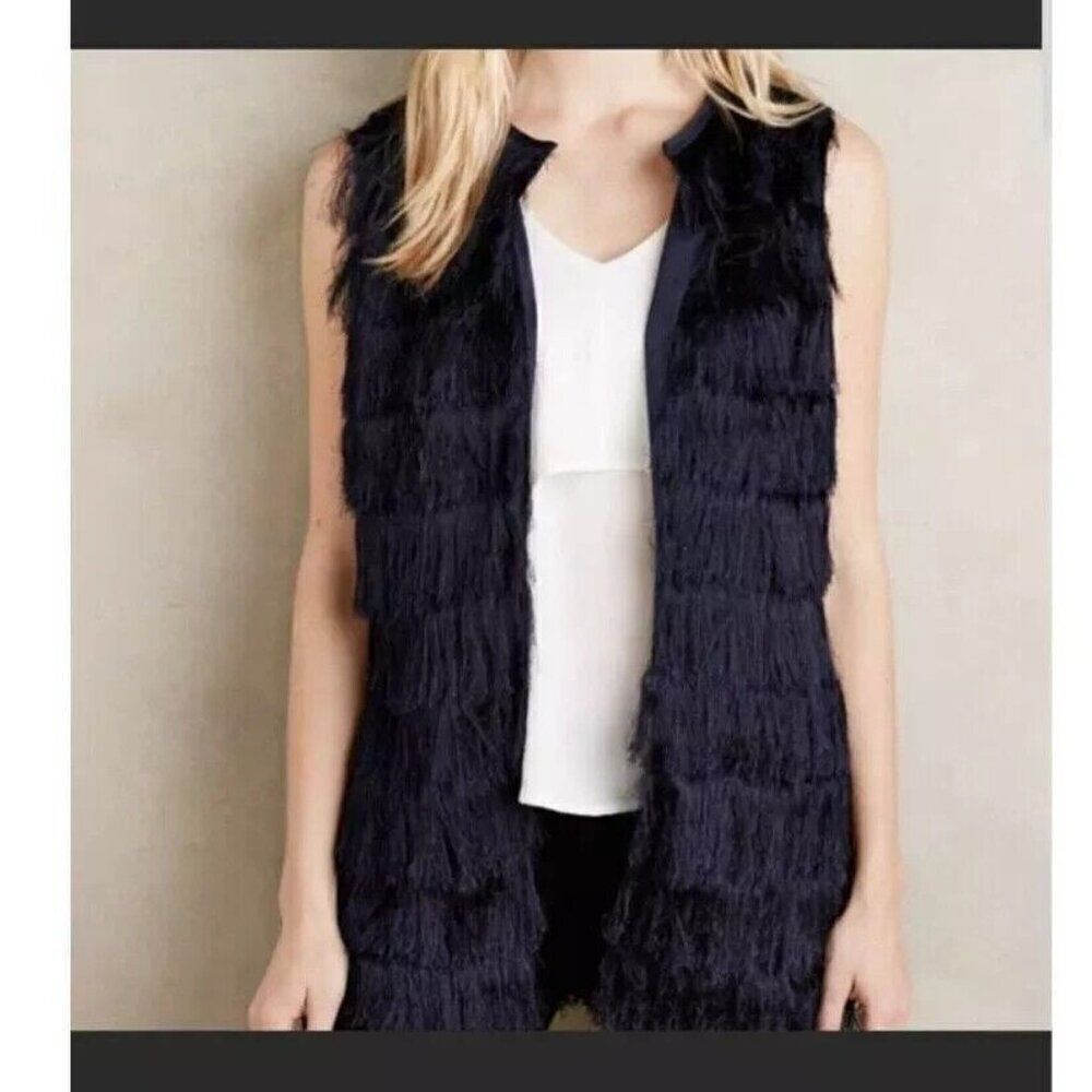 Eva Franco Anthropologie Navy Blue Fringe Vest Open Front Boho Hippie Womens S